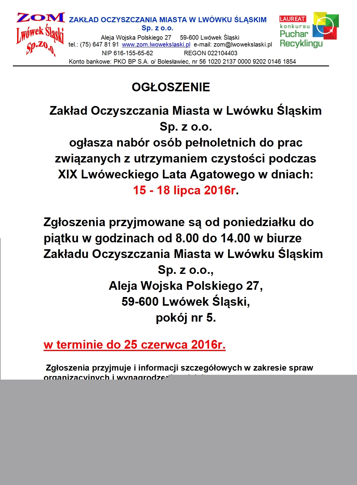 Zakład Oczyszczania Miasta – ogłoszenie