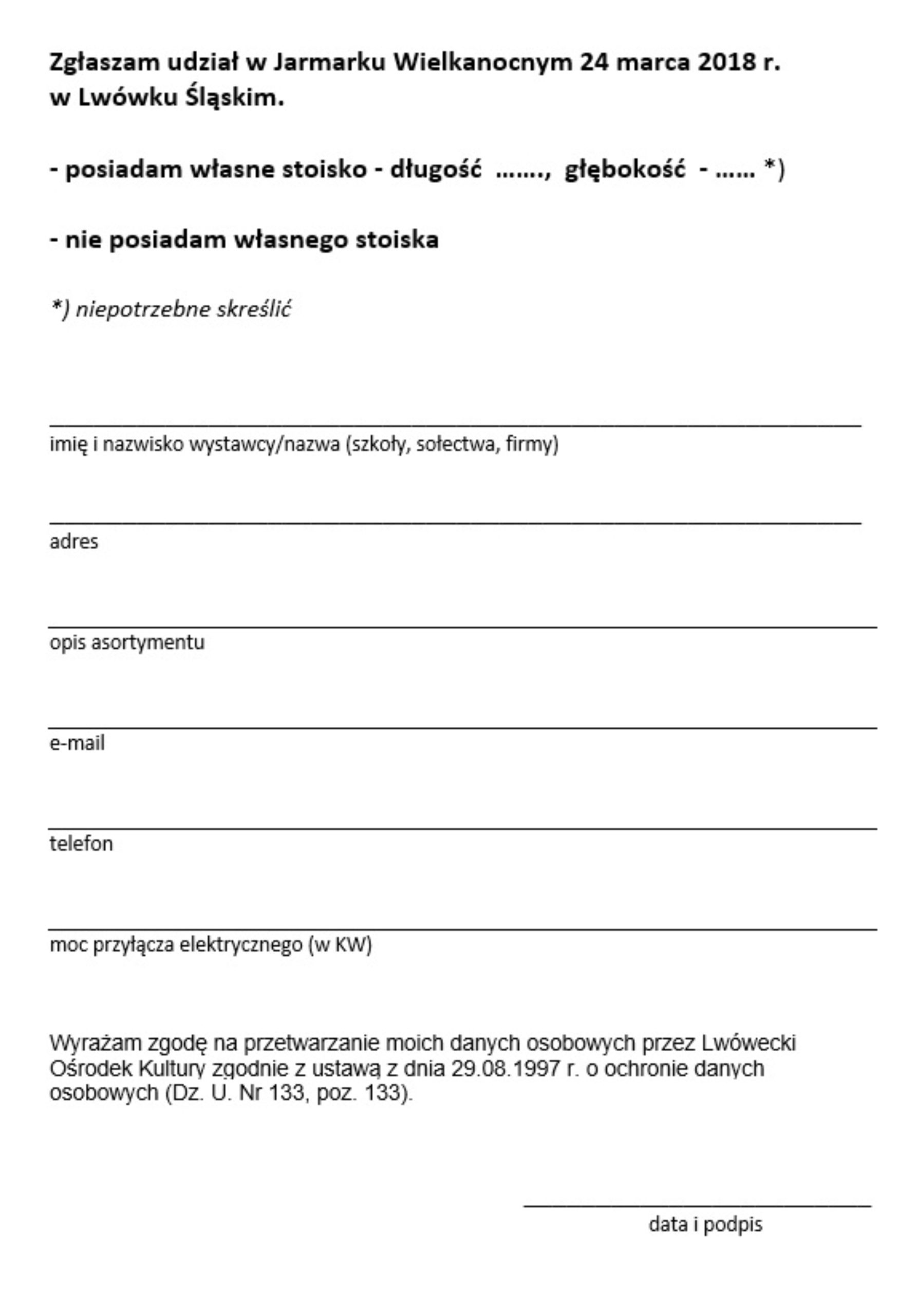Kiermasz wielkanocny – karta zgłoszenia do pobrania