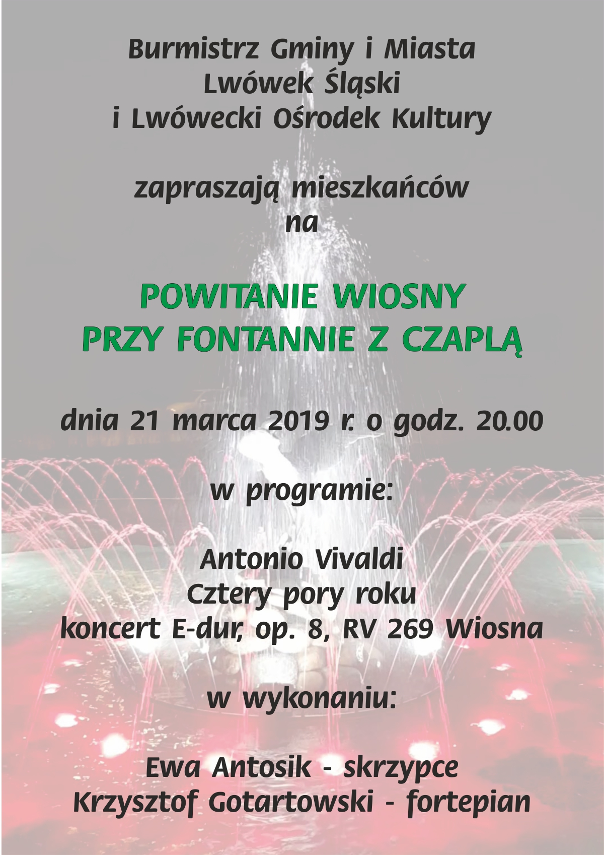 Powitanie wiosny przy fontannie z czaplą