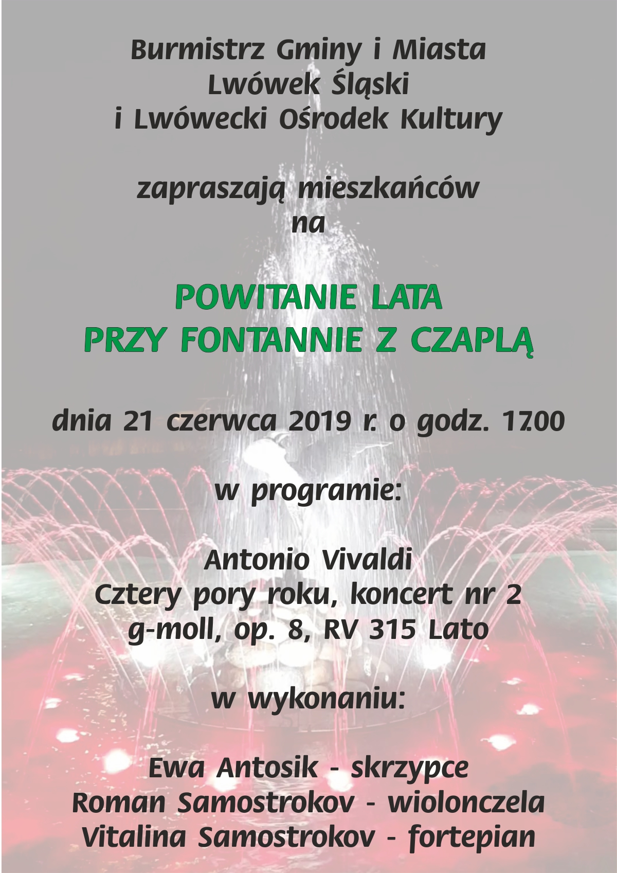 Powitanie lata przy fontannie z czaplą