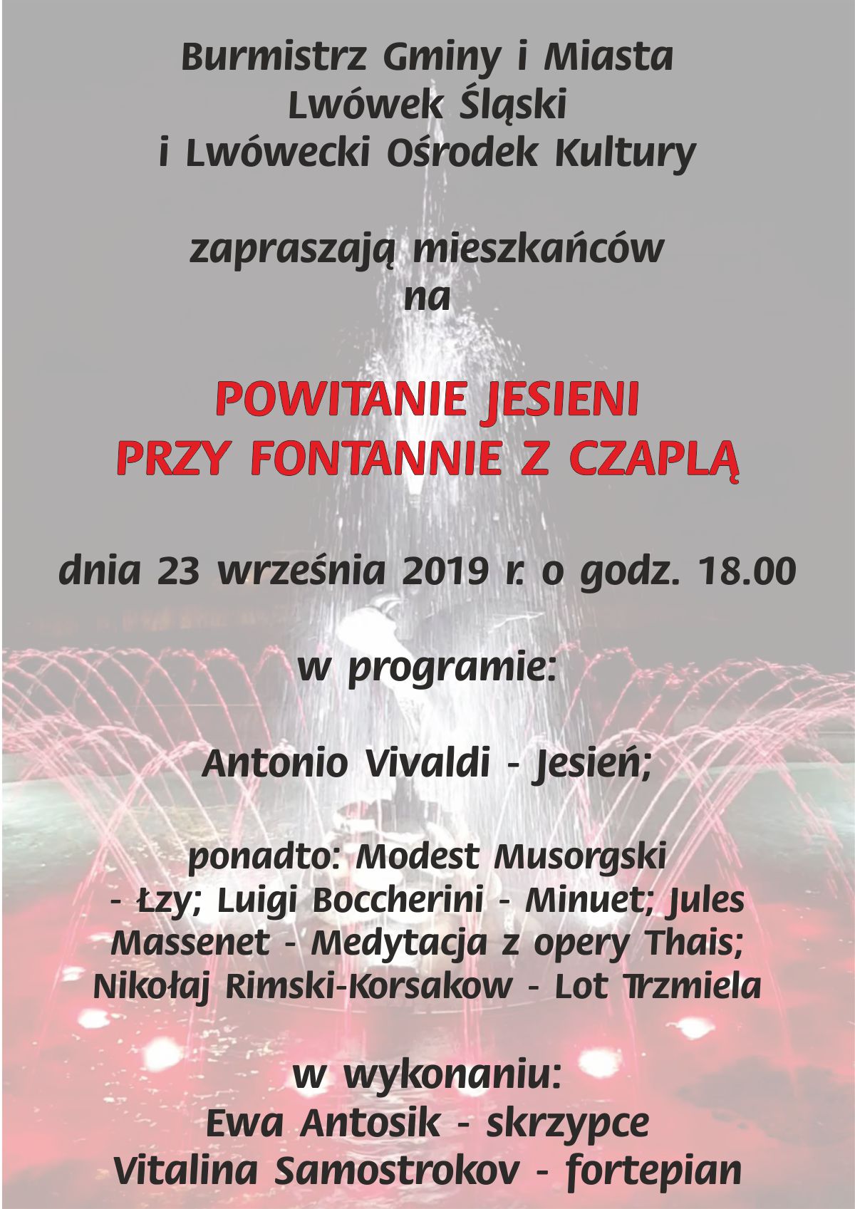 Powitanie jesieni przy fontannie z czaplą