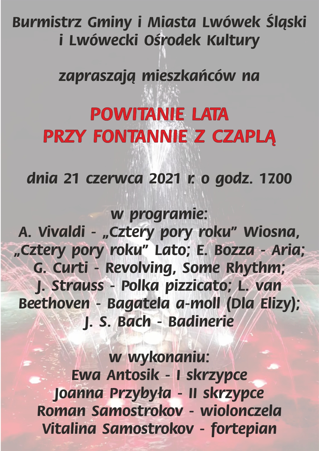Powitanie lata przy fontannie z czaplą