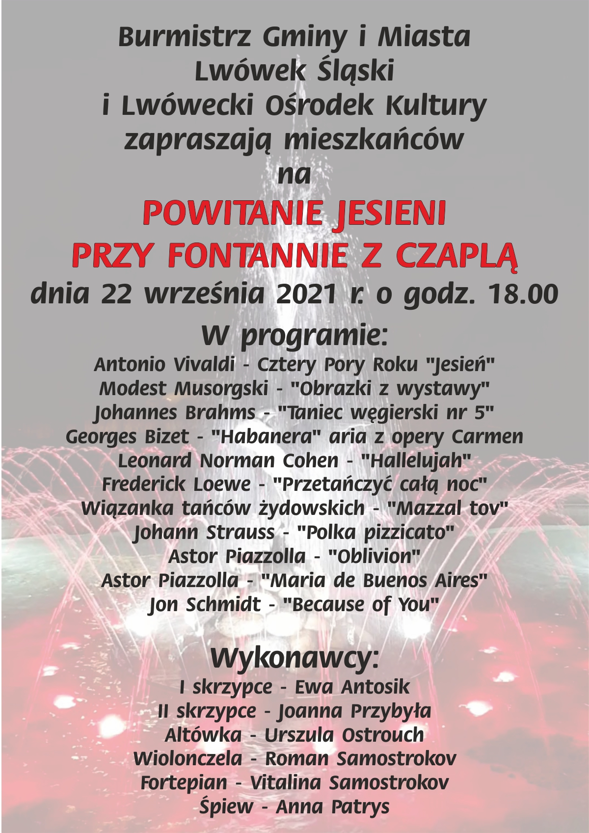 Powitanie jesieni przy fontannie z czaplą