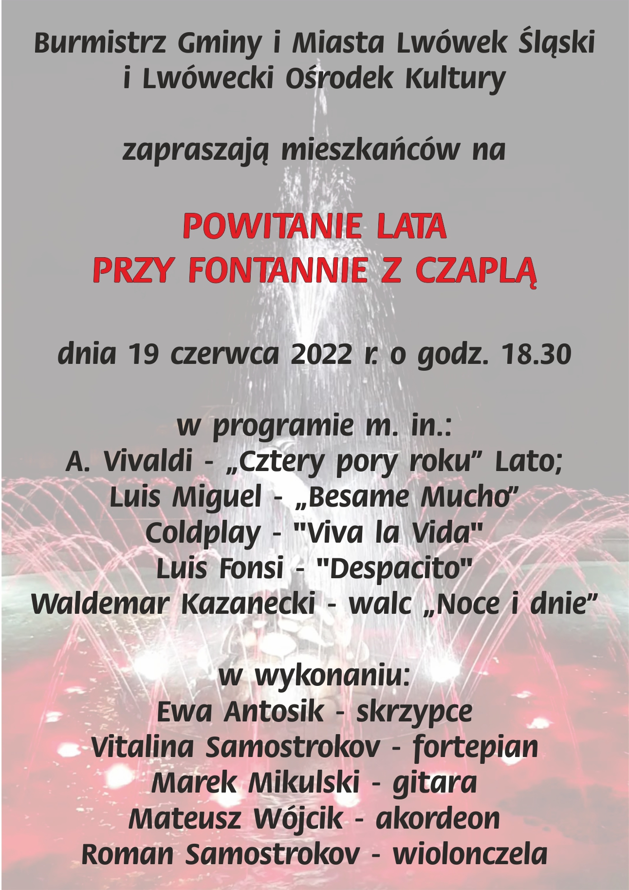 Koncert – Powiatanie lata przy Fontannie z Czaplą