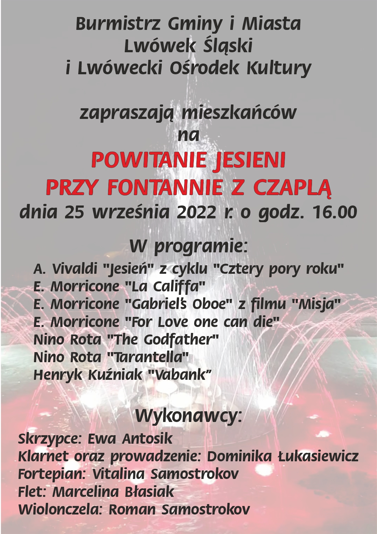 Koncert – Powitanie jesieni przy Fontannie z Czaplą