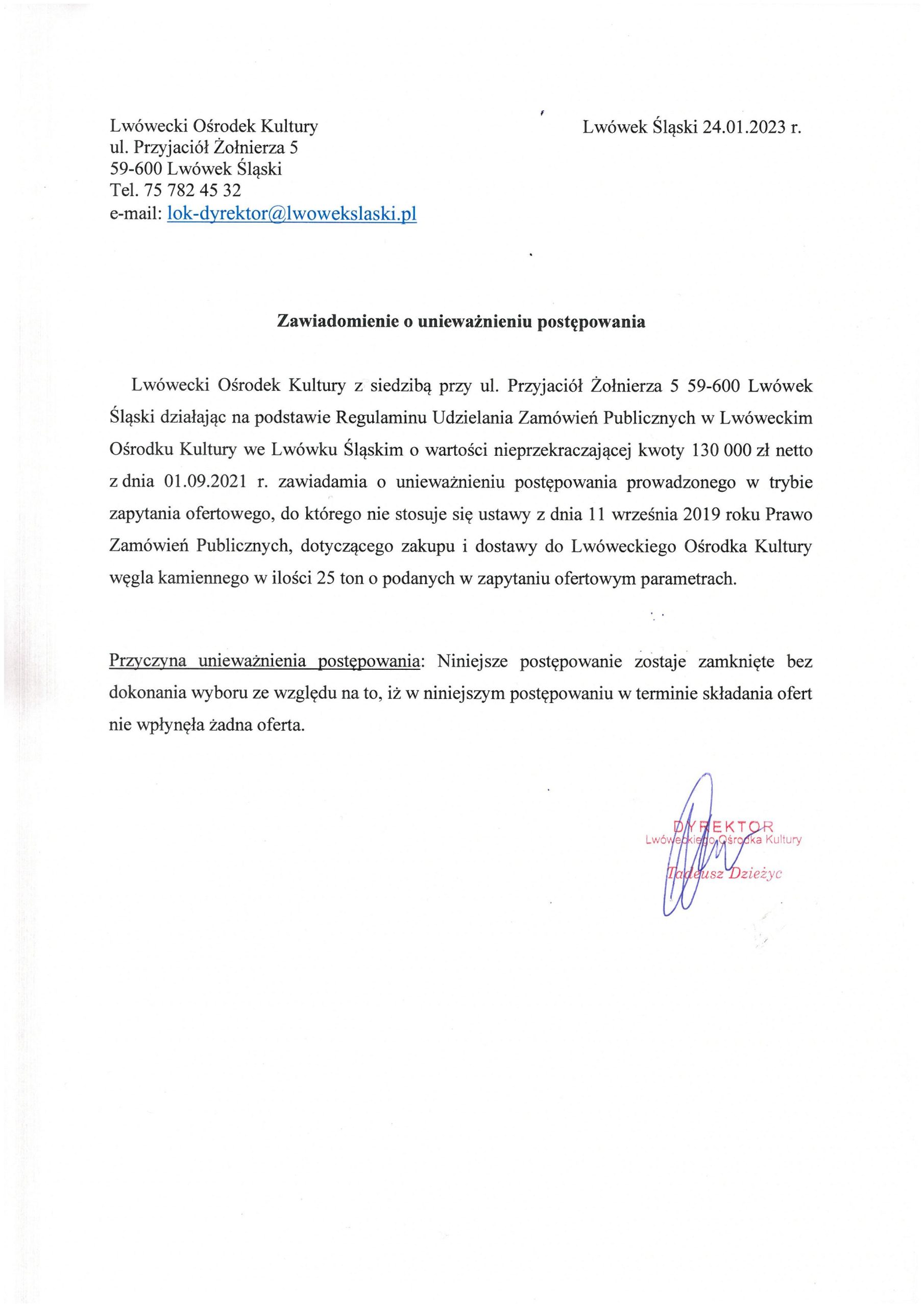 Zawiadomienie o unieważnieniu postępowania