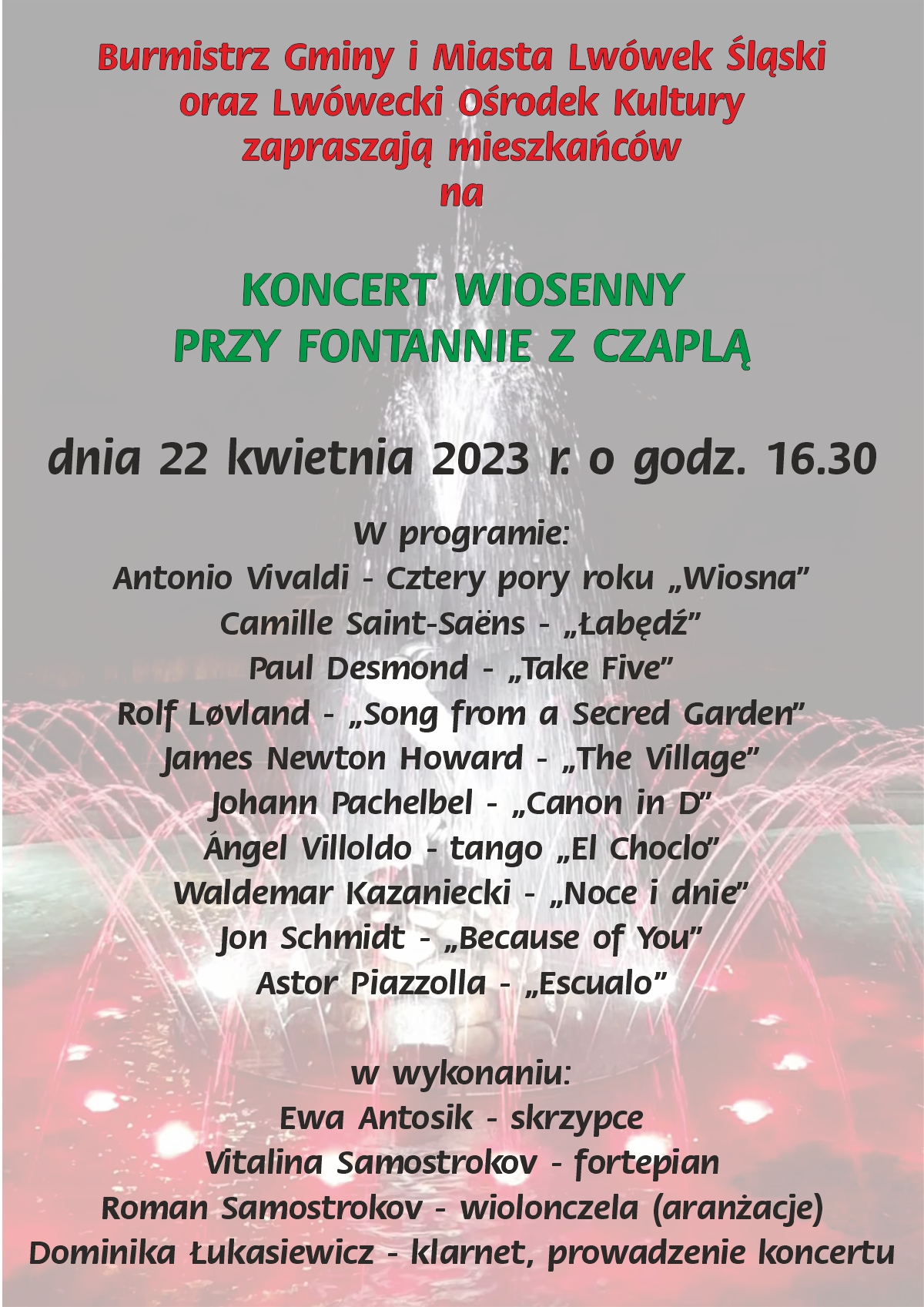 Koncert wiosenny przy fontannie z czaplą